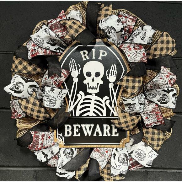 Halloween Wreath~Rustic Brown, Black, White Skeletons~Large~Front Door~Handmade - Picture 1 of 5